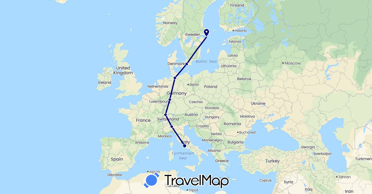TravelMap itinerary: driving in Switzerland, Germany, Italy, Sweden (Europe)